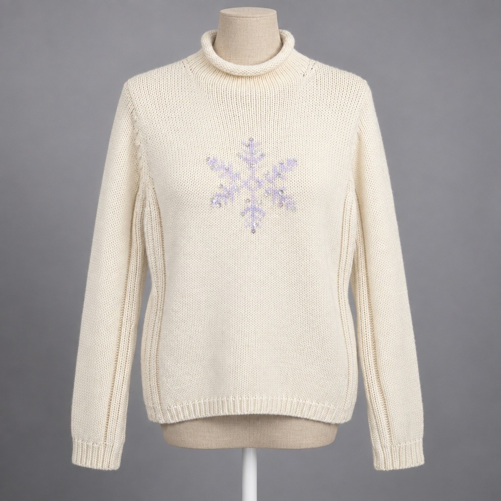 Vintage 90s Winter Snowflake Sweater Size M Cream Roll Neck Cottagecore Nordic